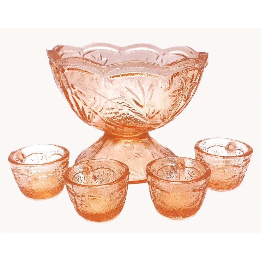 MINI Voglesong Summit Pink Glass Koi Fish Pattern Punchbowl & Cups 5 pc Set Vtg